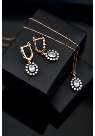 Papatya Silver 925 Ayar Gümüş Rose Kaplama Elmas Montür Oval Set