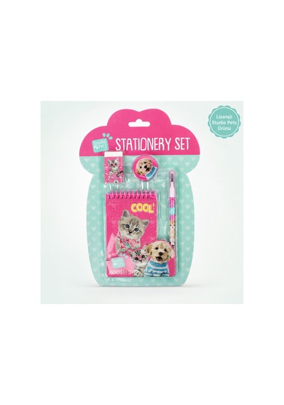 Lisanslı Studio Pets 4 Parça Kırtasiye Seti Defter Kalem Silgi Kalemtıraş Kedi Köpek Desenli - 9009511936663
