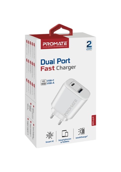 Promate BiPlug-2 17W Yüksek Hızlı Şarj Cihazı, Type-C, USB Beyaz