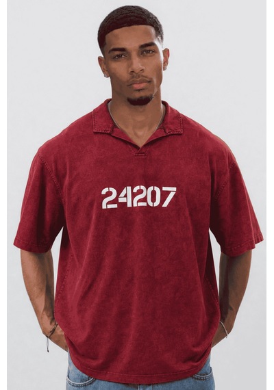 Respire Erkek 24207 Baskılı Yıkamalı Oversize T-shirt Bordo