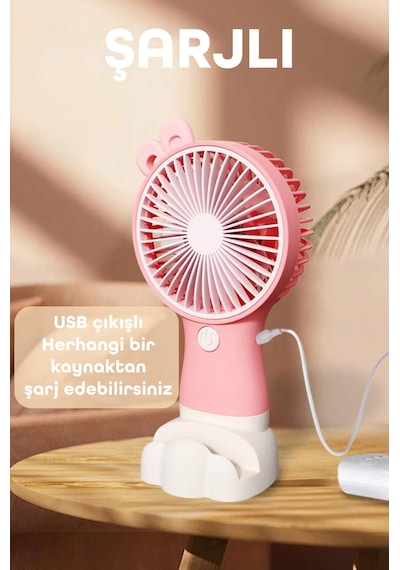 Şarjlı Telefon Standlı Mini El Fanı Seyahat Masaüstü Vantilatör Taşınabilir Mini Fan Pembe 0808
