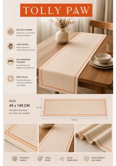 Premium Masa Runner Dijital Baskılı Yaprak Desenli Dekoratif Salon Mutfak Yemek Masası Runner Örtüsü 45x140 Cm Mor