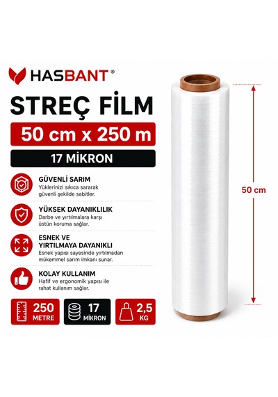 Has Bant Palet Streç Film Şeffaf 50 Cm X 250 M 17 Mikron 2,5 Kg - 6 Adet
