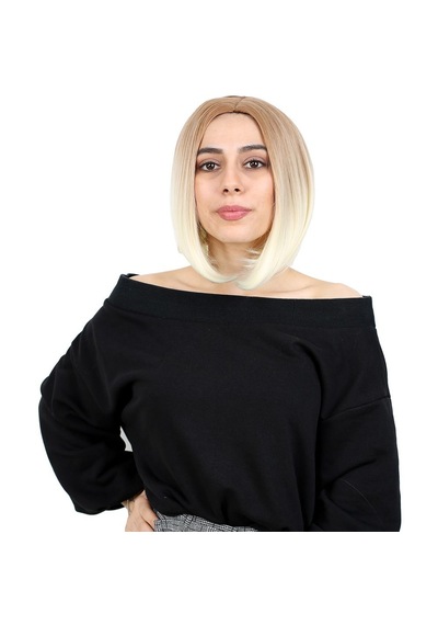 Kahkülsüz Düz Kısa Fiber Sentetik Peruk / Balköpüğü / Platin Ombreli - Rxlu-462236 Renkli