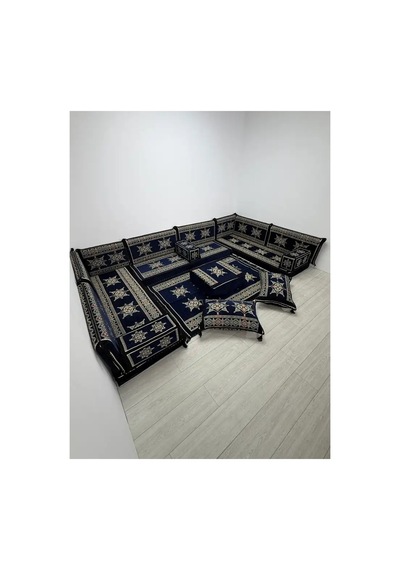 Yıldız Modeli Lacivert Otantik Şark Köşesi Takımı U Set - Yer Minderi Seti 10 Cm Minder Kalınlığı 18 Parça
