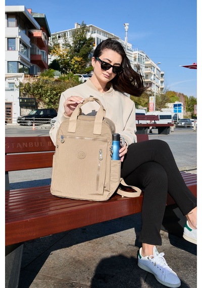 Sanmorris Unisex Suya Dayanıklı Krinkıl Kumaş Çok Gözlü Bej Laptop Okul Ve Sırt Çantası