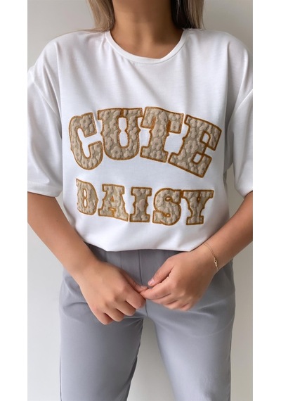 Kabartmalı Cute Daisy Tişört Ekru Kahverengi