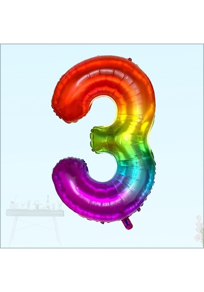 3 Yaş Rakam Folyo Balon. 100 CM - Gökkuşağı