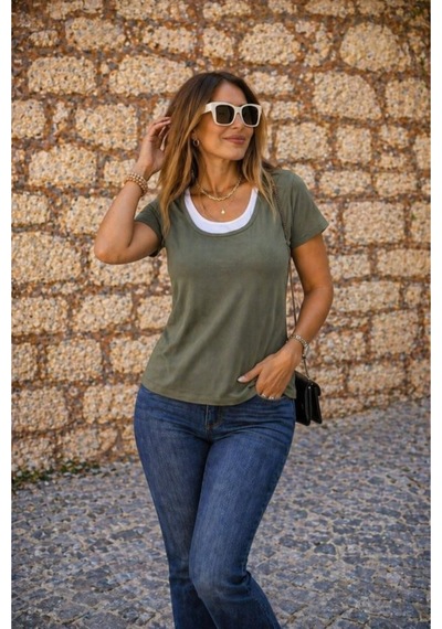 Butik İstanbul Kadın Kısa Kollu Yuvarlak Yakalı Çift Renkli Viskon Bluz Haki