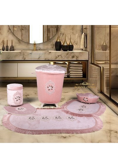 Shems Pudra 6 Prç Kirli Çamaşır Sepeti Seti + Banyo Paspası Seti Pudra