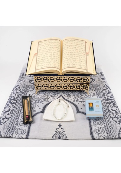 Kuran + Seccade + Tesbih + Takke + Esans + Misvak Hediye Seti Orta Boy, Raşel Cilt, Lacivert