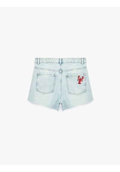 Koton Pamuklu Cepli Düğmeli Istakoz Nakış Detaylı Mini Denim Şort Açık İndigo 6sal40244md