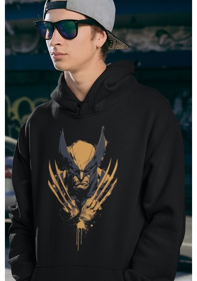 Sevbano Tasarım Wolverine Baskılı Unisex Oversize Marvel Hoodie Siyah