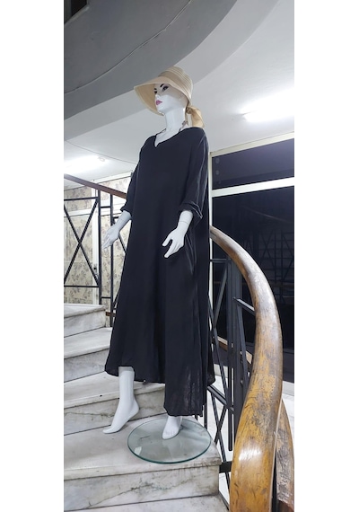 Bohem Stil İtalyan V Yaka Uzun Kol Keten Elbise-8907 Antrasit Bohem Stil İtalyan V Yaka Uzun Kol Keten Elbise-8907 Antrasit