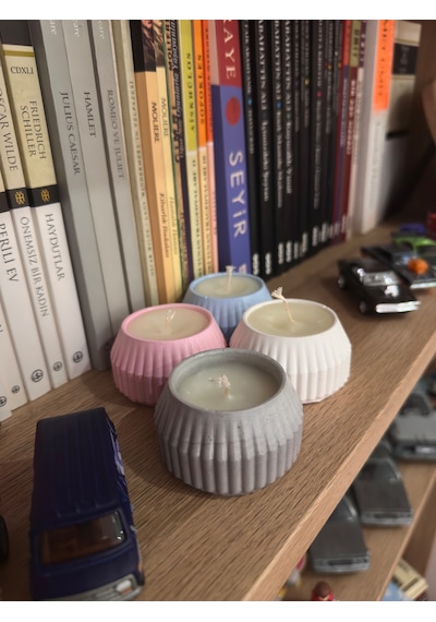 Dekoratif Mini Beton Mum 2 Li Set El Yapımı Tırtıklı Desen Mavi & Mavi