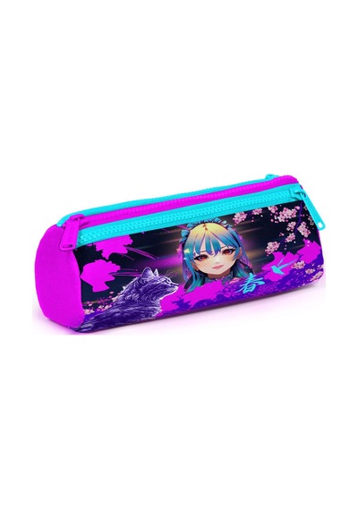 Coral High Kids Mor Pembe Anime Kedi Desenli Üç Bölmeli Kalem Çantası 22053