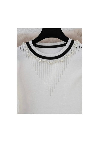 De Pose Kadın Ekru Yaka İnci Işlemeli Siyah Beyaz Basic Kadın Triko T-shirt De Pose Kadın Ekru Yaka İnci Işlemeli Siyah Beyaz Basic Kadın Triko T-shirt