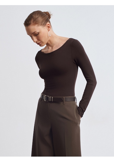 Dilvin 32549 Kayık Yaka Bodysuit-koyu Kahve Koyu Kahve