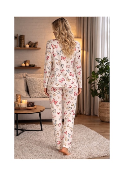 Pemilo Kadın 2043-4 Düğmeli Uzun Kol Likralı Bambu Pijama Takımı Renkli
