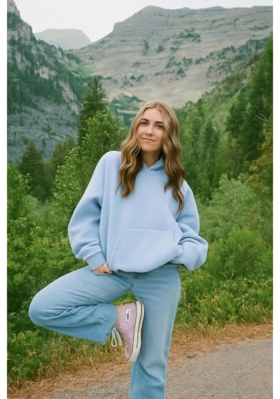 Benroma Düz Ünisex Oversize Kapüşonlu Sweatshırt Bebe Mavisi