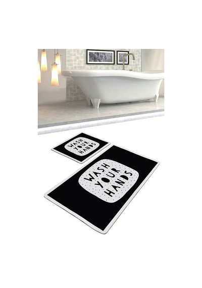 Wash Your Hands Black Djt 2 Li Set Banyo Halısı Klozet Takımı Çok Renkli