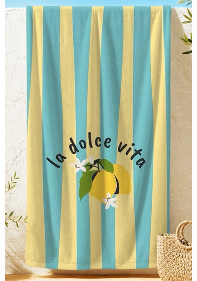 Çizgili Limon La Dolce Vita Temalı Mikrofiber Plaj Havlusu - Akdeniz Sarı Turkuaz Banyo Sahil Örtüsü Mat Porselen