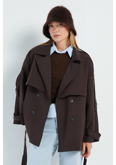 Fullamoda Beli Kemerli Kruvaze Yaka Oversize Trençkot Kahve