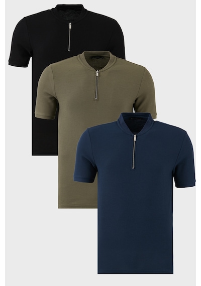 Buratti Pamuklu Regular Fit Yarım Fermuarlı Kolej Yaka 3'Lü Paket Erkek T Shirt 5902653S3 Lacivert-Siyah-Haki