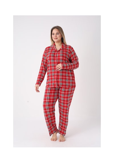 Estiva Kadın Kareli Kırmızı Önden Düğmeli Soft Battal Pijama Takımı Çok renkli