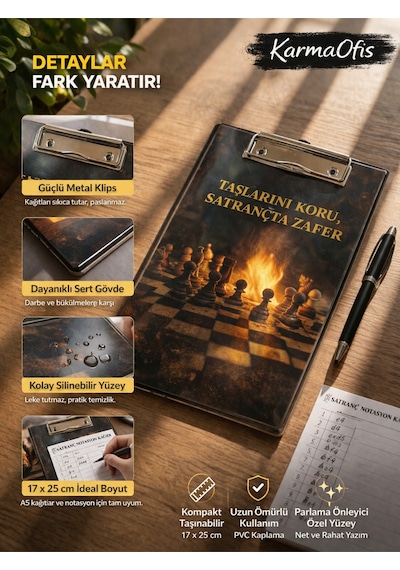 Taşlarını Koru Satranç Temalı Sekreterlik 17x25 Cm A5 Uyumlu Metal Klipsli Dayanıklı Clipboard