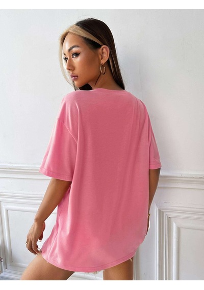 Aloha T-shirt - Pembe Baskılı Oversize Bisiklet Yaka Kısa Kol Tişört Pembe