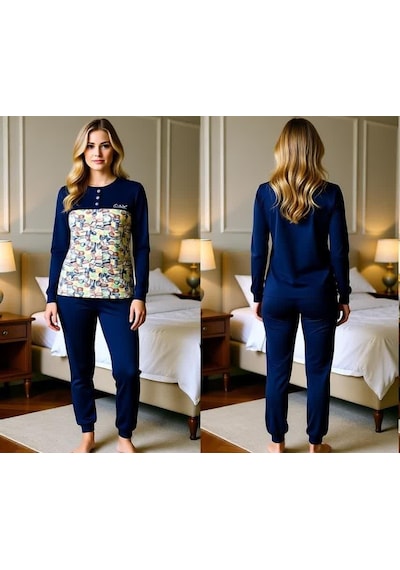 Bonbon Kadın Pamuklu Lacivert - Desenli Renk Pijama Takımı Al501-2 Lacivert