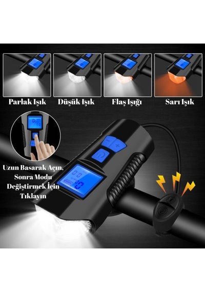 Lcd Ekran Şarjlı Bisiklet Işığı Hız Göstergeli Korna