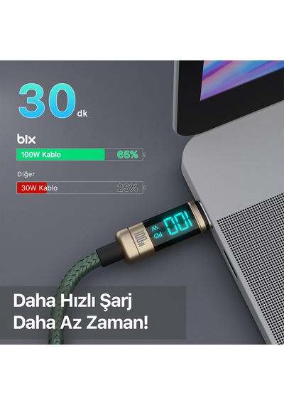 Bix BX09CC 100 W Type-C  Led Ekranlı Şarj ve Data Kablosu 1 M Bronz