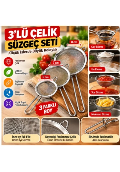3'lü Paslanmaz Çelik Süzgeç Seti 5 Cm 7 Cm 8 Cm Mini Mutfak Süzgeci Çay Un Sos Metal