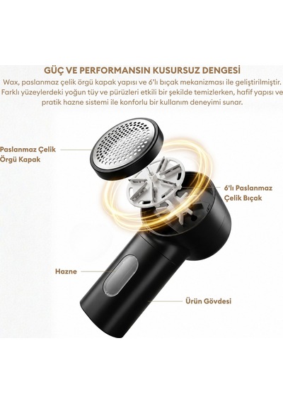 Pizen Wax Şarjlı Taşınabilir Tüy Tiftik Temizleyici 3 Kademeli Dijital Göstergeli 2 Yedek Bıçaklı Lint Roller Siyah