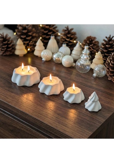 Çam Ağacı Dekoratif Beton Mum El Yapımı Beyaz