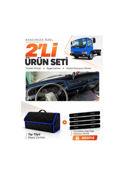 Isuzu Nkr Wıde 1997-2005 Uyumlu Torpido Örtüsü + Tay Tüyü Bagaj Çantası + Sticker - Siyah Mavi