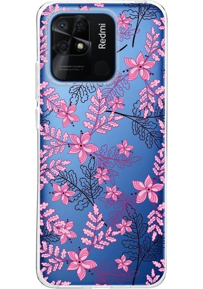 Redmi 10c Kapak Floral Pembe Tasarımlı Şeffaf Kılıf