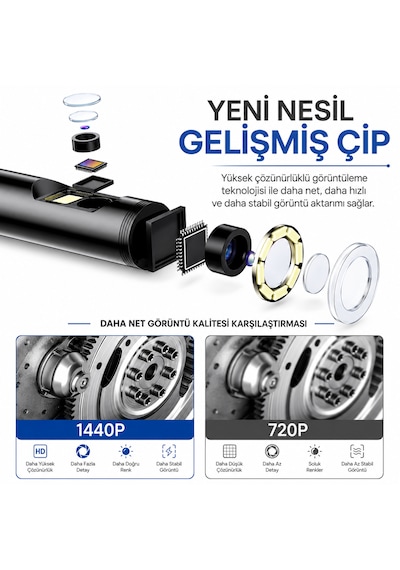 Ultratekno Ult110s 10m Çift Kameralı 1440p Endoskop Yılan Kamera Ip68 8mm Sert Kablo İos Android