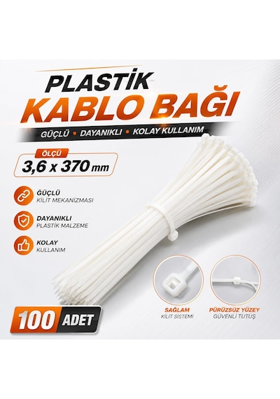 Cırt Kelepçe 3,6x370 Mm Plastik Beyaz Renk 100 Adet Zip Kablo Bağı Çok Amaçlı Bağlama Genel