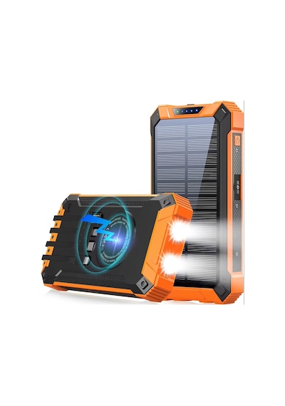 20000mah Powerbank Solar Güneş Enerjili Wireless Kablosuz Şarj Özellikli Taşınabilir Şarj Led Işıklı Turuncu