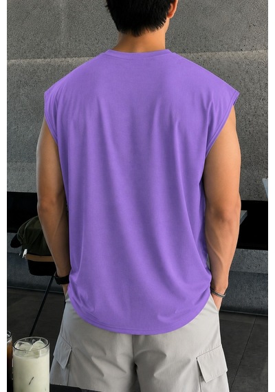 Tarz Cool Erkek Oversize Kolsuz Tişört %100 Pamuk Süprem Basic Bisiklet Yaka Mor