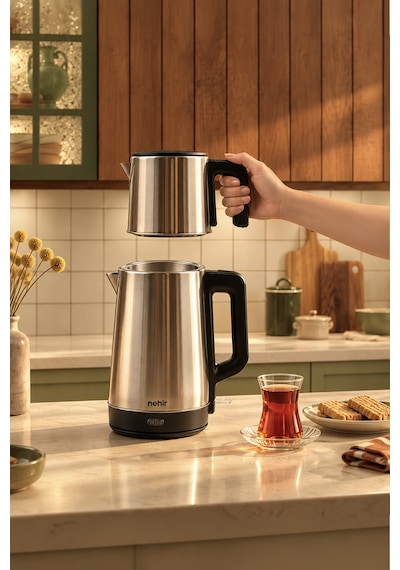 Maestro Paslanmaz Çelik Çay Makinesi 1700w 1 Litre Demlik, 1,7 Litre Su Isıtıcı Gri