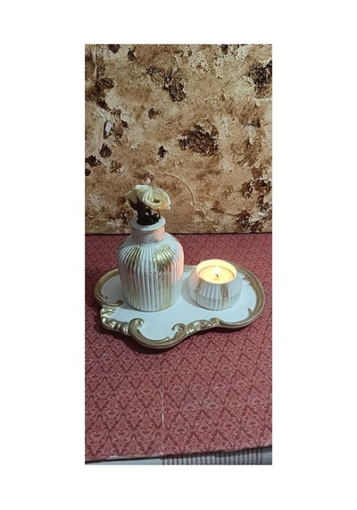 El Yapımı Dekoratif Sunum Tepsisi, Vazo Ve Tealight Mumluk Seti, Özel Tasarım 3'lü Aksesuar Seti