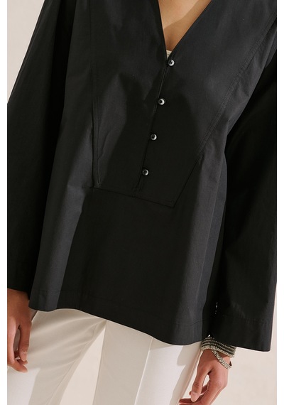Manuka Poplin Geniş Kol V Yaka Gömlek Siyah Ss26gml00023-021.10199 SİYAH
