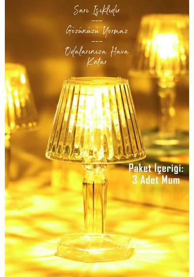 3 Adet Led Mum Kristal Tip Pil Dahil Ledli Dumansız Alev Yapay Dekoratif Mum Dekor Işığı Şeffaf P288