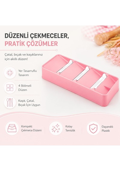 4 Bölmeli Çekmece İçi Kaşıklık Çatal Bıçak Organizeri Düzenleyici,pembe Çok Renkli