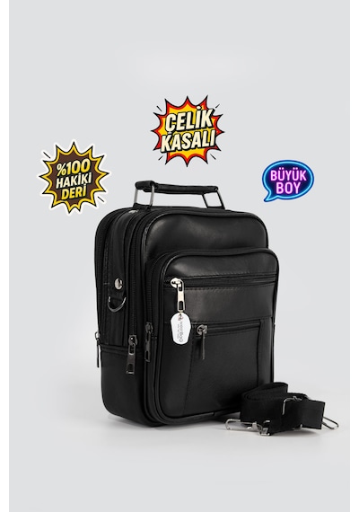 Westbag Erkek Siyah Çelik Kasalı Hakiki Deri El Ve Omuz Çantası Ayarlanabilir Askılı Büyük Boy
