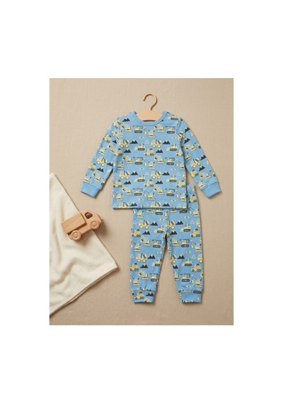 Deniva Kids Erkek Bebek Mavi İş Makineleri Kepçe Desenli Pamuklu Pijama Takımı / Ev Giyim 2'li Takım